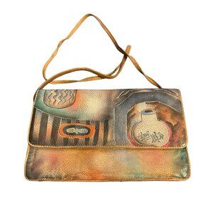 Anuschka Handpainted Leather Crossbody Bag Southwest Tribal 10”‎ X 7”